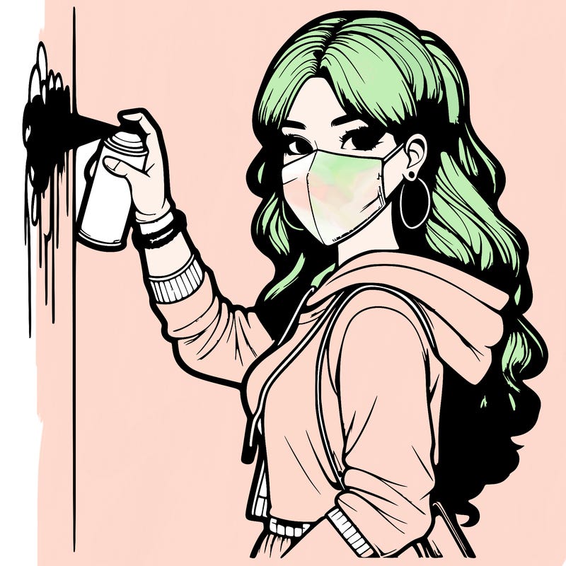 realistic girl with mask spray painting a wall