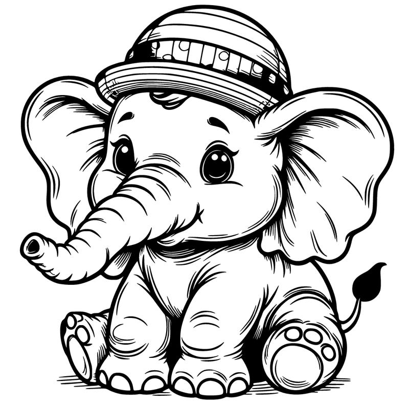 a baby elephant with huge heats and a little hat realistic