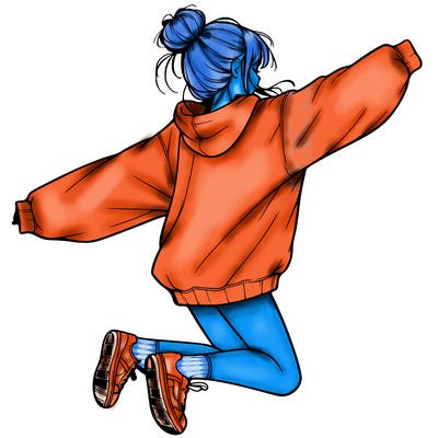 realistic girl jumping with a bun and oversized sweatshirt