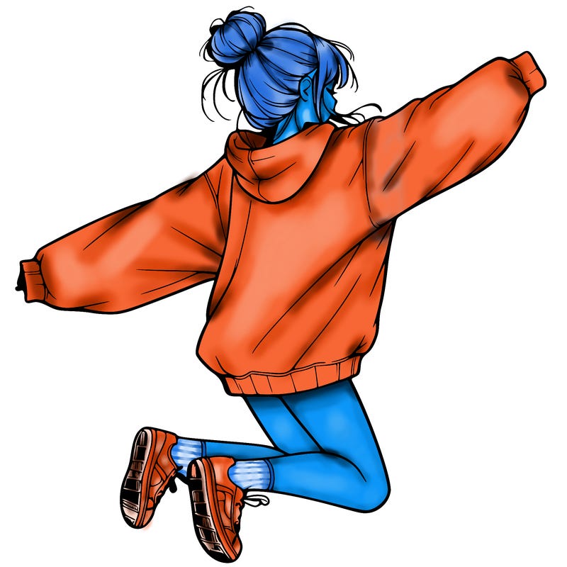 realistic girl jumping with a bun and oversized sweatshirt