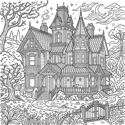 Unleash your creativity with this intricately detailed Victorian mansion coloring page, perfect for teens. Explore towering spires, decorative gables, and a mysterious landscape awaiting your artistic touch.