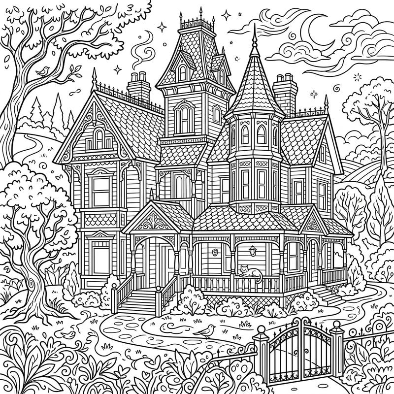 Unleash your creativity with this intricately detailed Victorian mansion coloring page, perfect for teens. Explore towering spires, decorative gables, and a mysterious landscape awaiting your artistic touch.