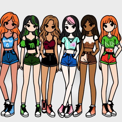 a group of girls wearing crop tops and shorts