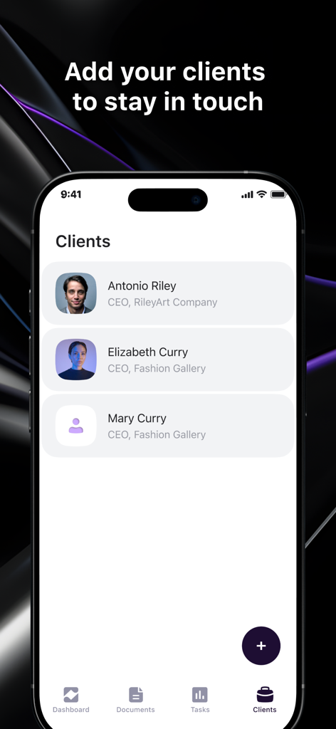 Todo for business processes - Smartphone interface of the Todo for business processes app displaying a list of professional clients.
