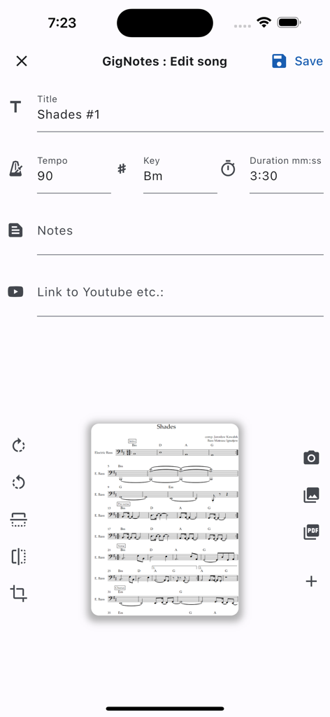 GigNotes – Setlists & Sheets - GigNotes interface showing the song editing screen with fields for title tempo and key alongside sheet music