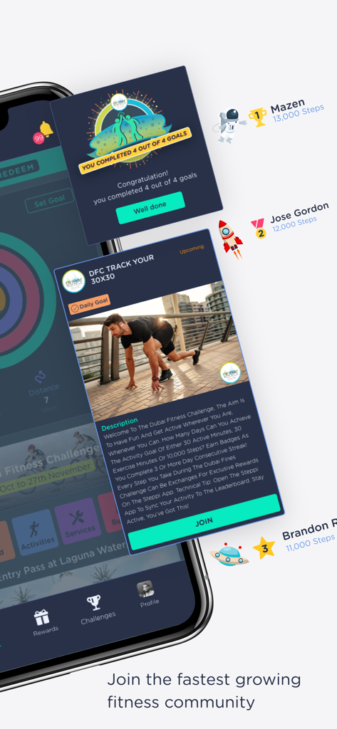 STEPPI - Mobile screen of STEPPI app showing goal completion notifications and a fitness community leaderboard