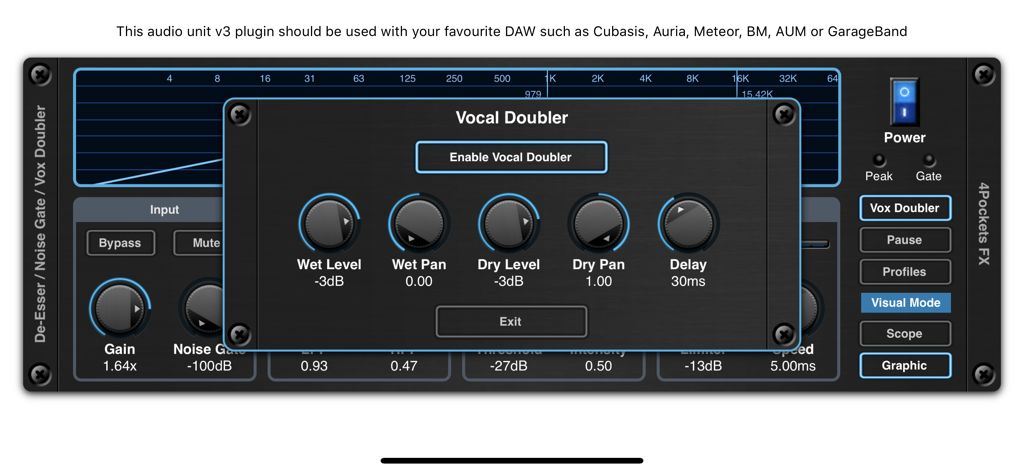 Vocal Doubler control panel overlay on the De-Esser AUv3 audio plugin user interface