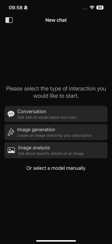 Collective AI - Nueva pantalla de chat en la aplicación Collective AI mostrando opciones para conversación, generación de imágenes y análisis de imágenes.