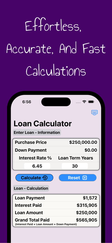 Smart Loan Calculator - Smart Loan Calculator app showing monthly payment and total interest calculations