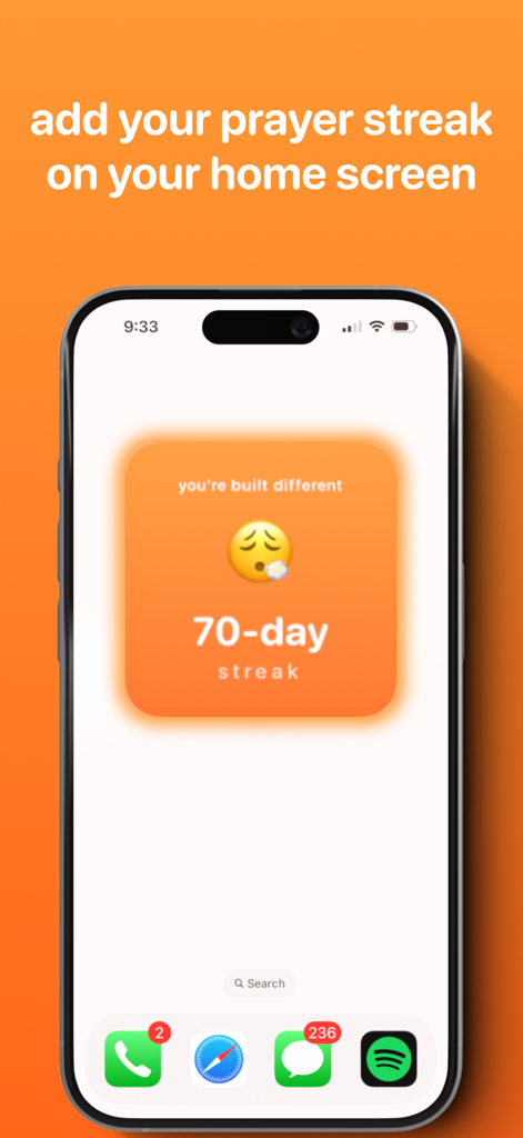 iPhone home screen showing an orange 70-day prayer streak widget from the prayer lock app