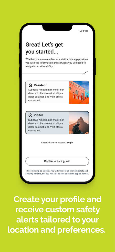 City of Cape Town - Pantalla de incorporación de la aplicación de la Ciudad del Cabo con opciones para que residentes y visitantes creen perfiles para alertas de seguridad