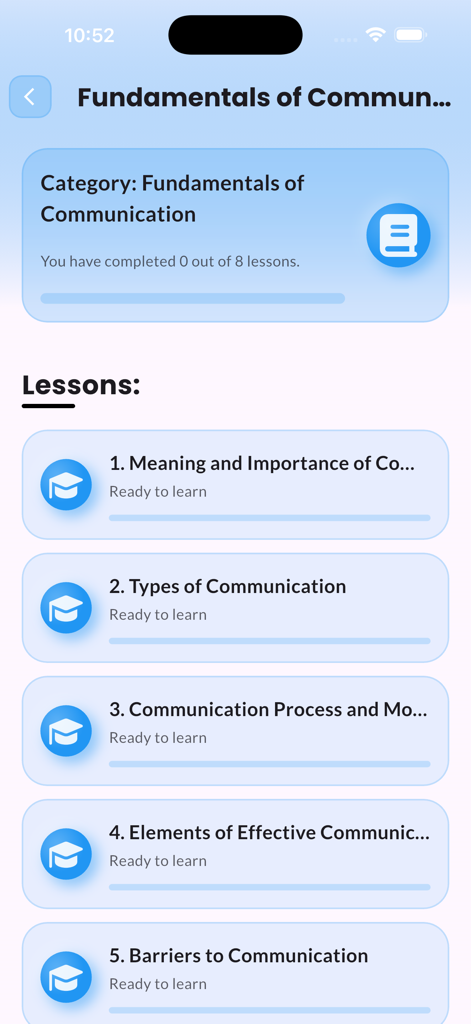 Tela do aplicativo mostrando a lista de lições Fundamentos da Comunicação com rastreamento de progresso e módulos de aprendizado.