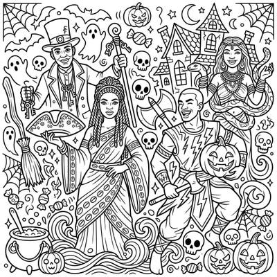 Immerse yourself in a vibrant celebration where powerful African Deities embrace the spooky fun of Halloween. This unique coloring page offers a captivating blend of cultural mythology and classic holiday charm for a truly original artistic experience.