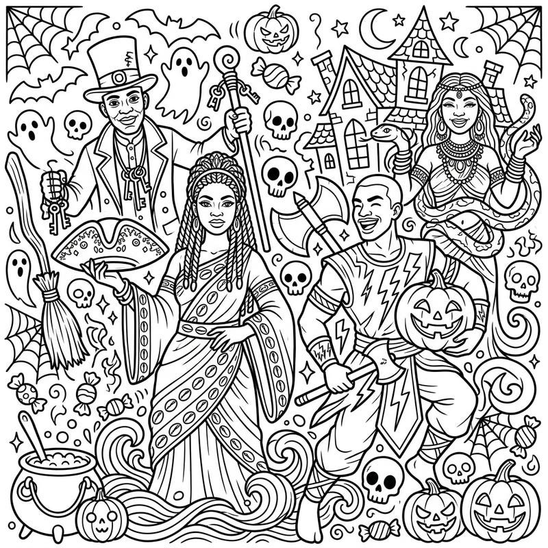 Immerse yourself in a vibrant celebration where powerful African Deities embrace the spooky fun of Halloween. This unique coloring page offers a captivating blend of cultural mythology and classic holiday charm for a truly original artistic experience.