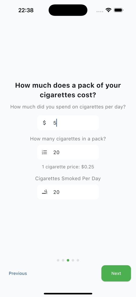 Mobile app setup screen asking for cigarette pack cost and daily smoking habits to calculate potential savings.