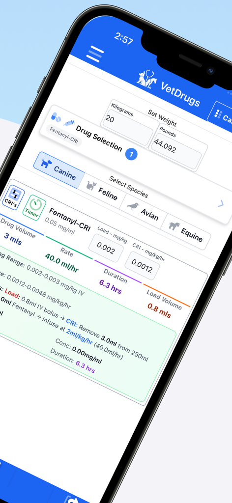 VetDrugs Veterinary Calculator - Interfaccia dell'app VetDrugs che mostra il calcolo del dosaggio CRI di fentanil per cani basato sul peso del paziente.