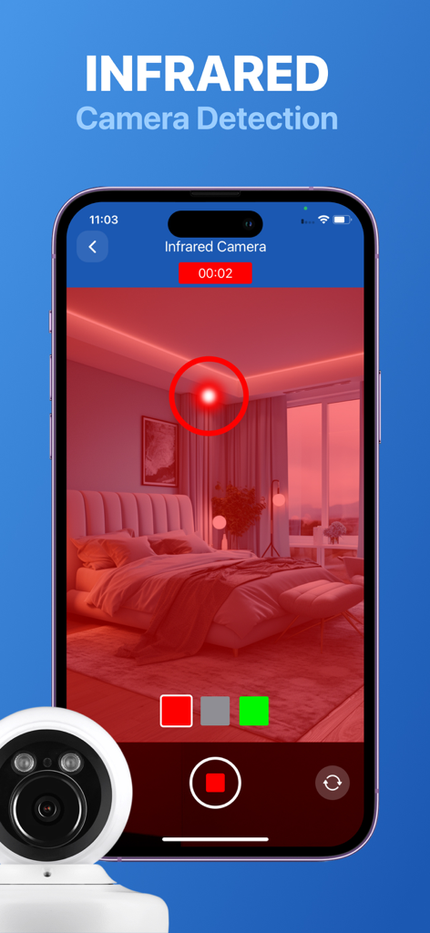 Camera Detector App - Smartphone app scanning a bedroom with infrared technology to detect hidden cameras