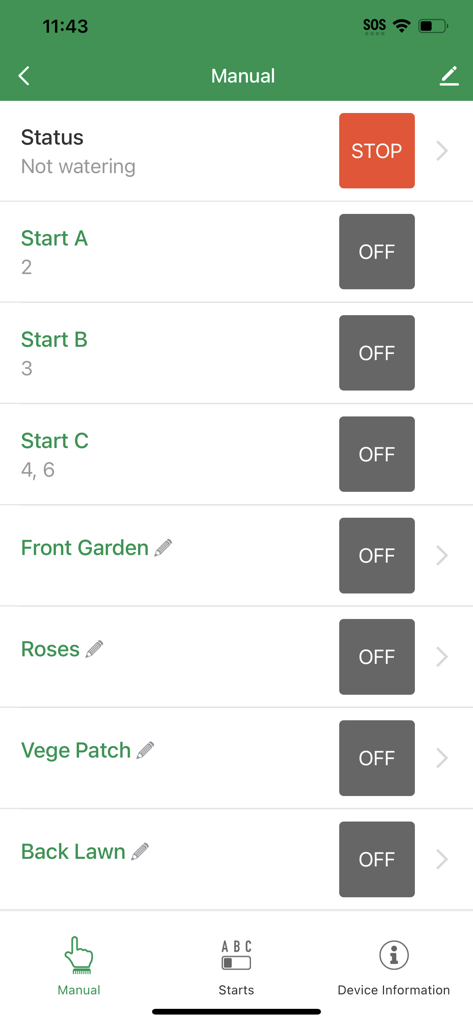 Holman Home - Schermata di controllo manuale dell'irrigazione nell'app Holman Home che mostra zone di irrigazione come rose del giardino anteriore e aiuola