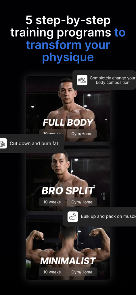 Workout program selection screen in the TrainWise App showing various training plans like Full Body and Bro Split