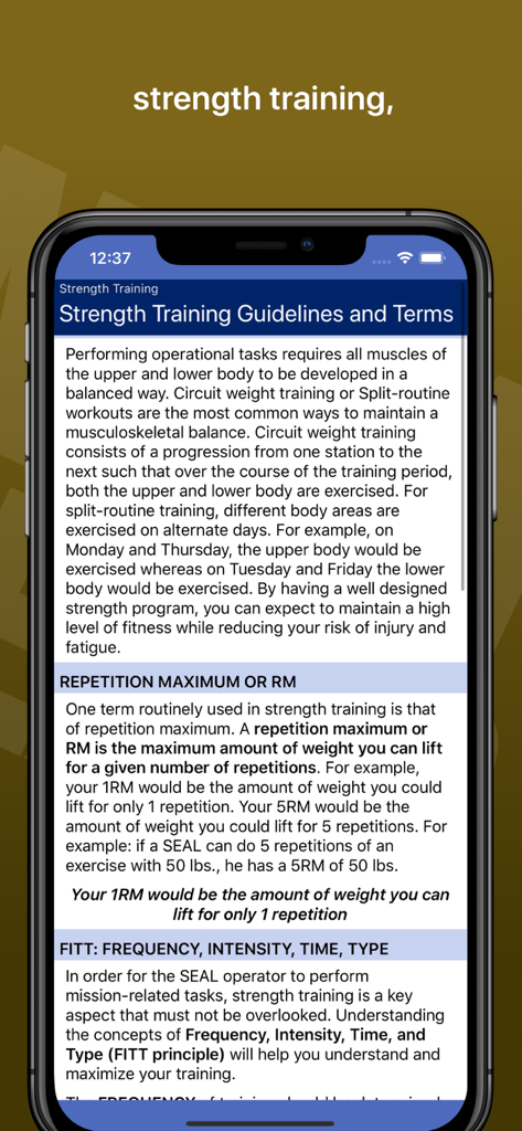 Navy SEAL Fitness app screenshot showing detailed strength training guidelines and definitions for repetition maximum and FITT principles