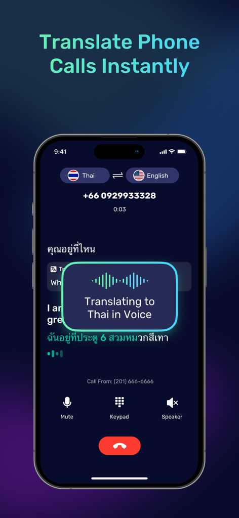 AI Phone:Call&Voice Translator - Interface de um smartphone demonstrando tradução de voz em tempo real entre tailandês e inglês durante uma chamada telefônica.