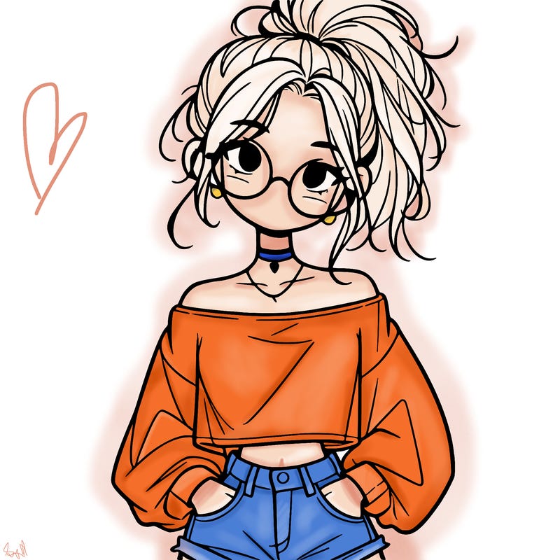 girl with a messy ponytail glasses a baggy crop top and jean shorts