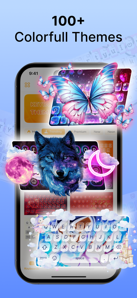 Showcase of diverse aesthetic keyboard themes including butterfly wolf and fairy designs