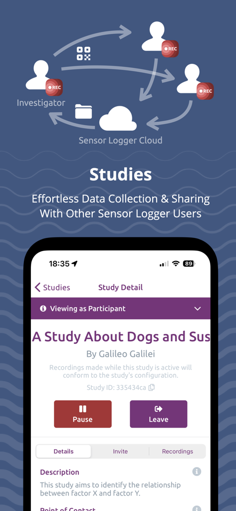 Interface of Sensor Logger app showing the Studies feature for collaborative data collection and cloud sharing