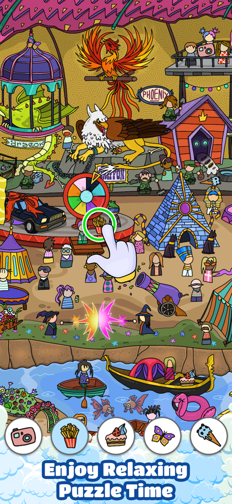 Scavenger Hunt－Hidden objects! - Una pantalla colorida de juego de objetos ocultos con criaturas míticas y una mano seleccionando un objeto en un mapa concurrido.