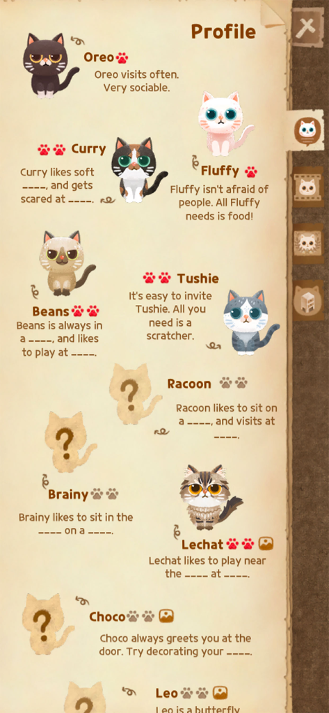 Secret Cat Forest - Un menú de colección que muestra varios perfiles de personajes de gatos con nombres y descripciones de personalidad en el juego Secret Cat Forest.
