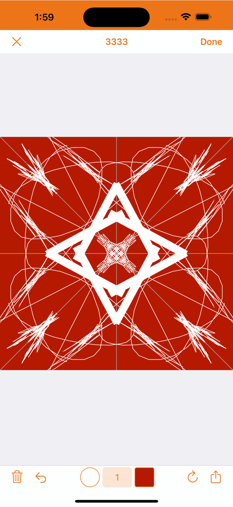 Symmetrical white geometric pattern on a red canvas within the Fx Symmetry app interface