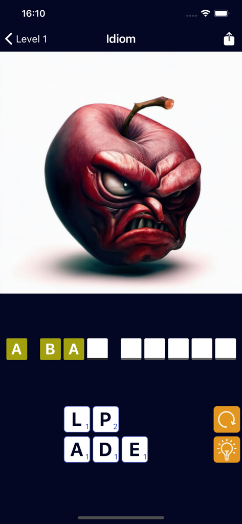 Dingbats - Between the lines - A word puzzle level in the Dingbats app showing an AI-generated angry red apple representing the idiom A Bad Apple.