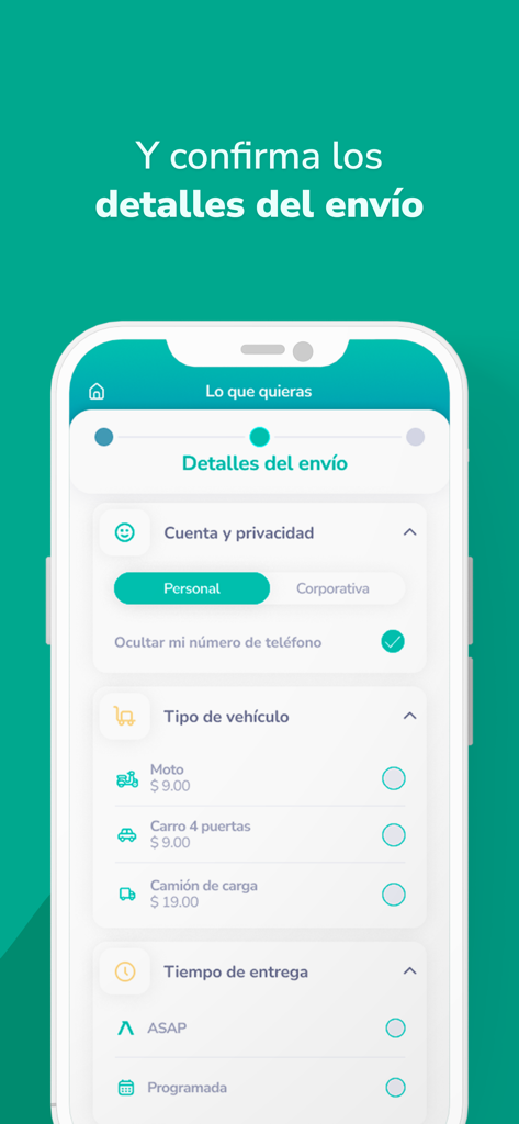 Mobile app screen showing shipping details vehicle selection and delivery timing for ASAP delivery service