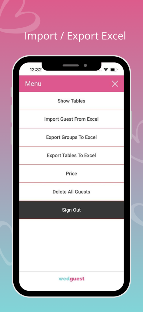 Wedding Guest List. WedGuest - WedGuest app menu screen featuring guest list import and export options for Excel.