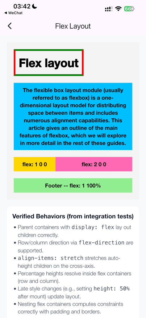 WebF Go app screenshot showing CSS flexbox layout rendering and a list of verified technical behaviors.