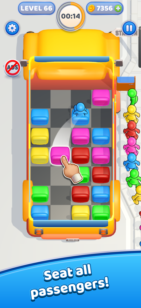 Seat Away - Seat Away gameplay showing a strategic seat sorting puzzle inside a yellow bus with colorful characters.