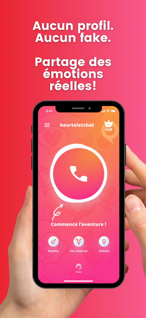 Interface de l'application Beurteletchat avec un bouton d'appel pour démarrer des conversations vocales en temps réel sans profils.