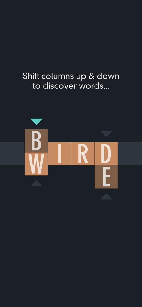 Gameplay of the Typeshift app showing letters arranged in columns that slide up and down to form words