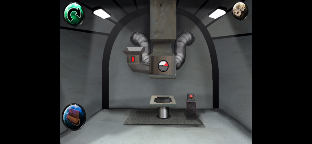 Davey's Mystery 2 - An industrial basement room with mechanical pipes and a pressure gauge puzzle in Davey's Mystery 2