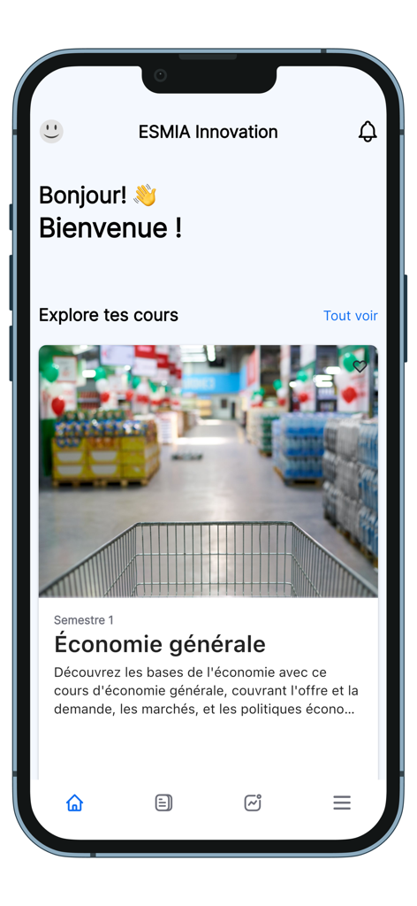 ESMIA Innovation - Home screen of the ESMIA Innovation app featuring a welcome message and a general economics course card