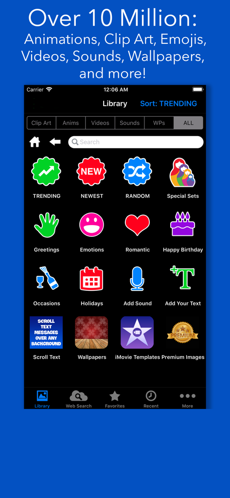 CLIPish Pro - Animations Emoji - CLIPish Pro app library screen showing categories for animations emojis and clip art