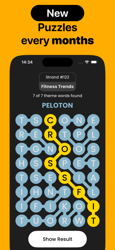 Strands Puzzle: Find Words - A mobile screenshot of Strands Puzzle word game showing a letter grid with the theme Fitness Trends and the word CrossFit highlighted in yellow.
