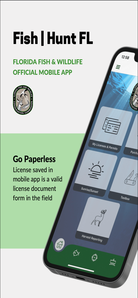 Screenshot of the Fish Hunt FL official mobile app showing digital license and harvest reporting features