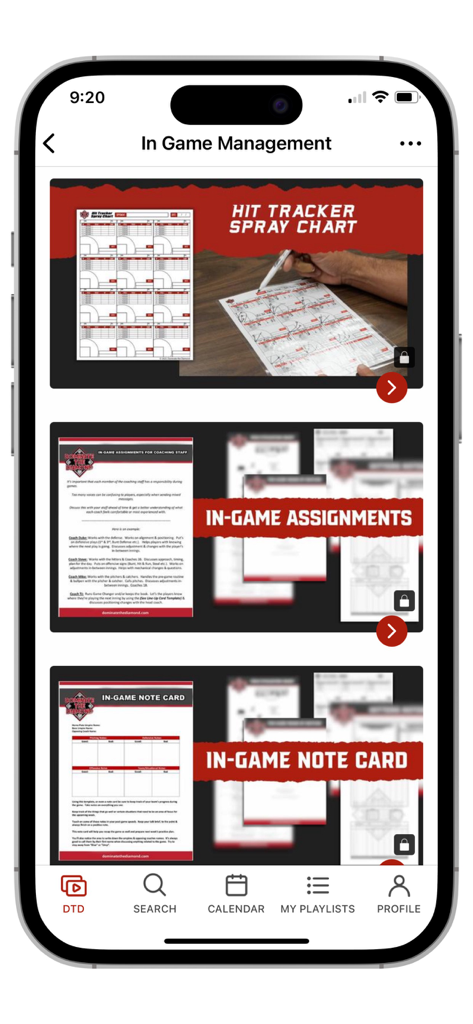 Dominate the Diamond mobile app screen showing in-game coaching management tools including hit tracker spray charts and coaching assignment templates.