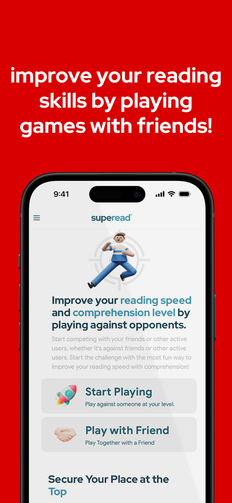 Pantalla de la aplicación Superead que muestra opciones para jugar juegos de lectura rápida y comprensión con amigos u oponentes.