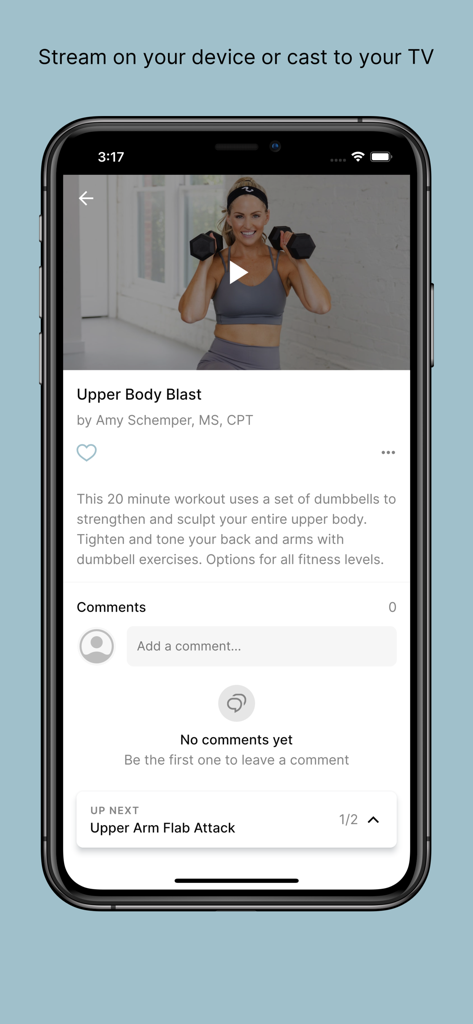 BodyFit by Amy - BodyFit by Amy app interface displaying a 20 minute upper body blast workout video led by Amy Schemper