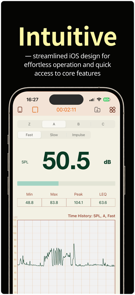NoiseLab: Noise Meter,SLM,dB - Interface do aplicativo NoiseLab medidor de ruído mostrando uma leitura em tempo real de 50,5 dB e um gráfico de histórico de som