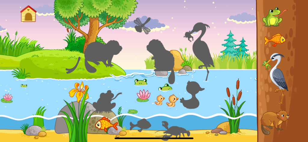 Baby animal games for kids - A children's educational game screen showing a river scene with animal shadow puzzles to be filled with corresponding animal stickers.