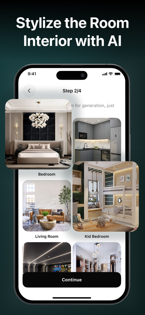 AI Room Planner: Home Designer - A mobile app screen showing different room options like bedroom and living room for AI interior design stylization