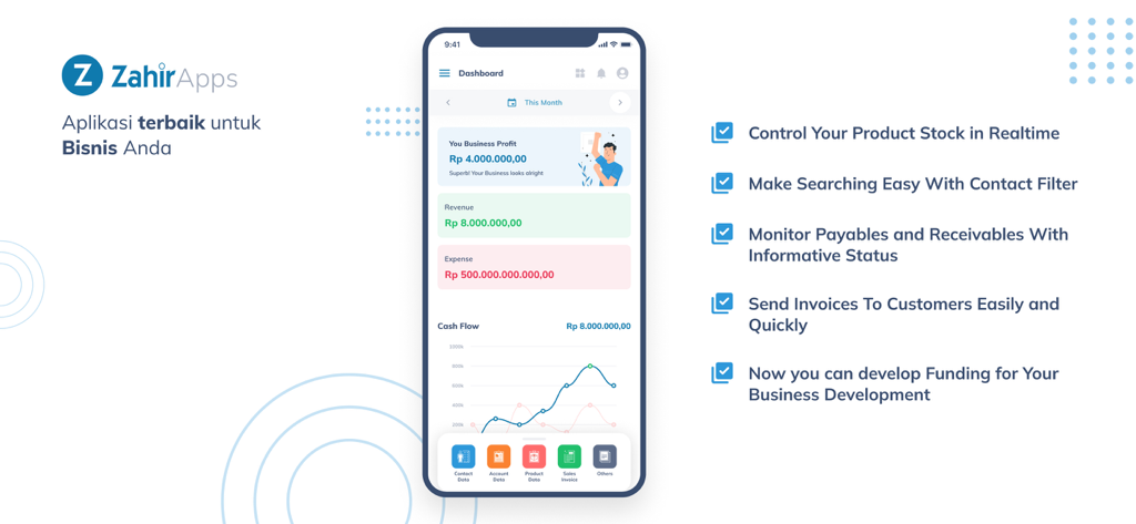 Zahir Apps - Zahir Apps mobile dashboard showing business profit revenue and financial management features